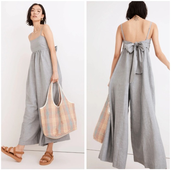 Madewell Pants - Madewell Linen Blend Tie Back Wide Leg Jumpsuit Size 4 Faded Shale Strappy